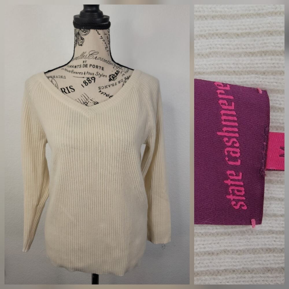 State Cashmere Sweater Womens SZ M 100% Cashmere Long Sleeve Ivory V Neck Rib